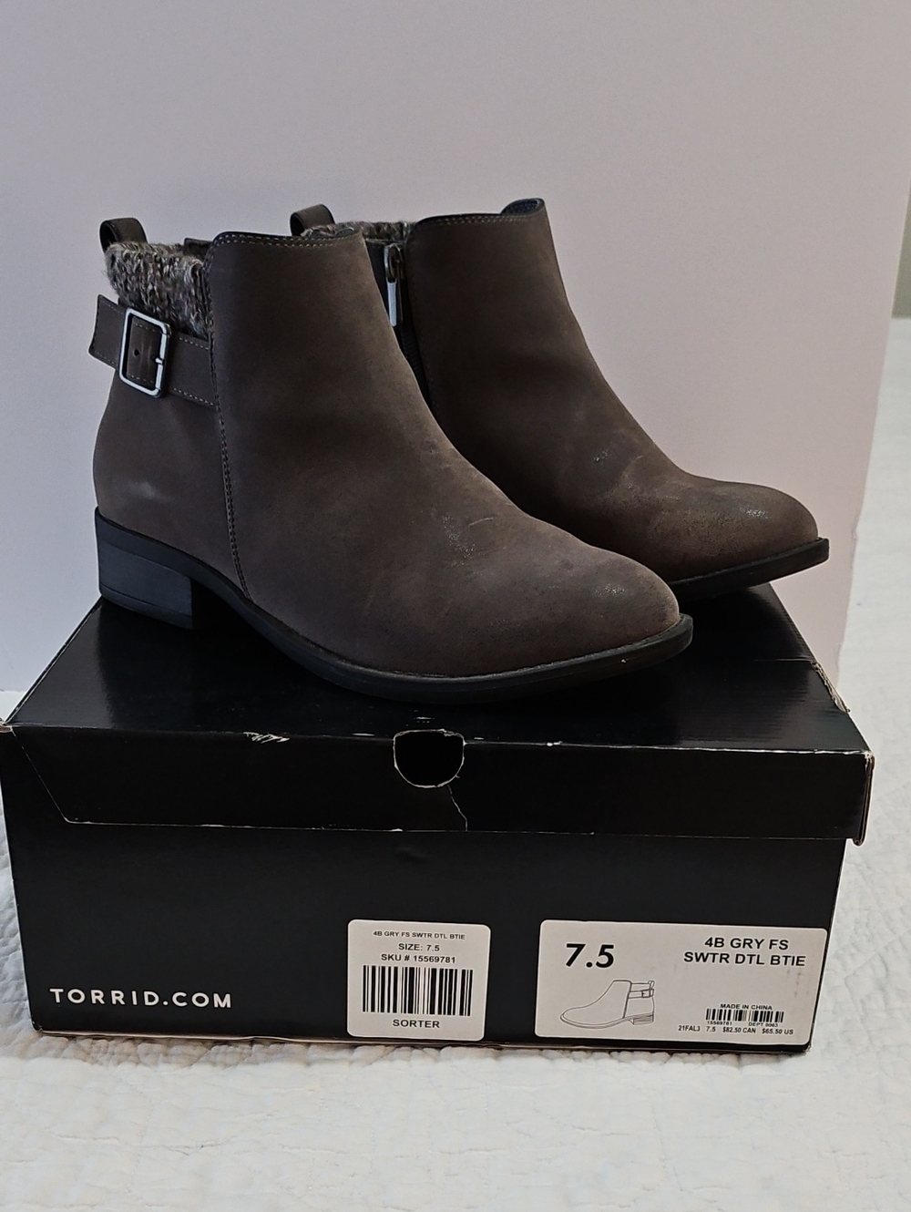 Torrid Gray Suede Ankle Boot with Sweater Cuff and Buckle